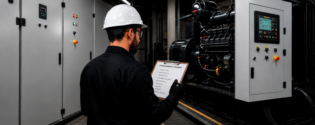 Levantamento Técnico Análise completa da infraestrutura existente. Inclui: Avaliação da carga elétrica Análise da estrutura física Definição do local de instalação Verificação das necessidades operacionais