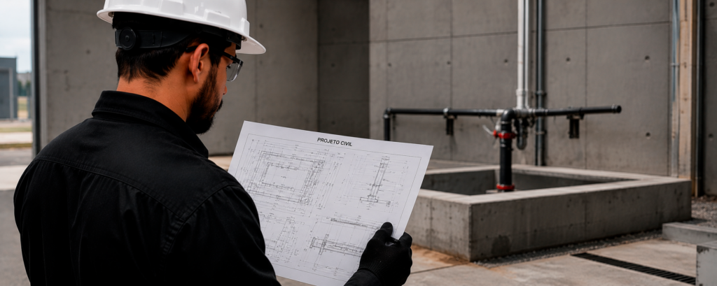 Projeto Civil Adequações estruturais para receber o equipamento. Serviços incluem: Bases de concreto Casas de máquinas Canaletas Infraestrutura de suporte Adequações estruturais