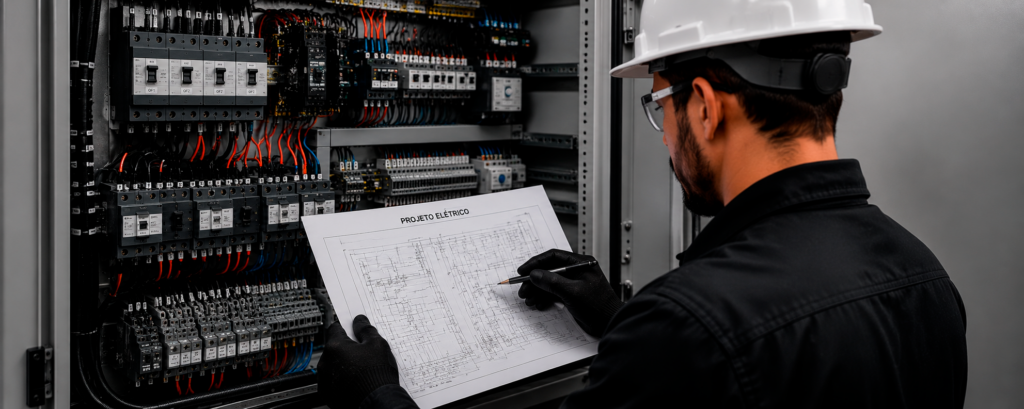 Projeto Elétrico Desenvolvimento completo da engenharia elétrica. Serviços incluem: Dimensionamento de cabos Diagramas elétricos Quadros de comando Sistemas de proteção Aterramento Interligações