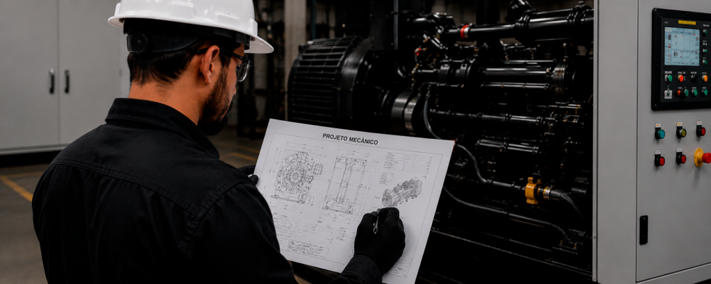 Projeto Mecânico Planejamento da instalação física do equipamento. Inclui: Posicionamento do gerador Ventilação Exaustão Linhas de combustível Atenuação acústica Sistemas de escapamento