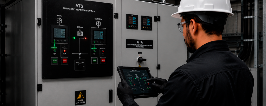 Instalação de ATS e QTA Realizamos a instalação e parametrização de sistemas de transferência automática. Esses sistemas identificam a falta de energia da concessionária e acionam automaticamente o grupo gerador, garantindo continuidade operacional. Benefícios: Transferência automática Menor tempo de resposta Maior segurança Operação automatizada Redução de falhas humanas